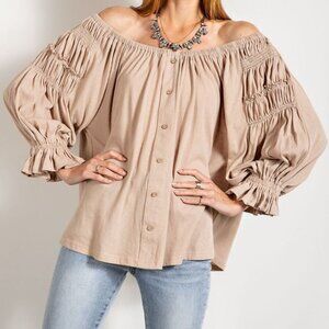 Cotton Off Shoulder Button Down Top With Ruched Sleeves